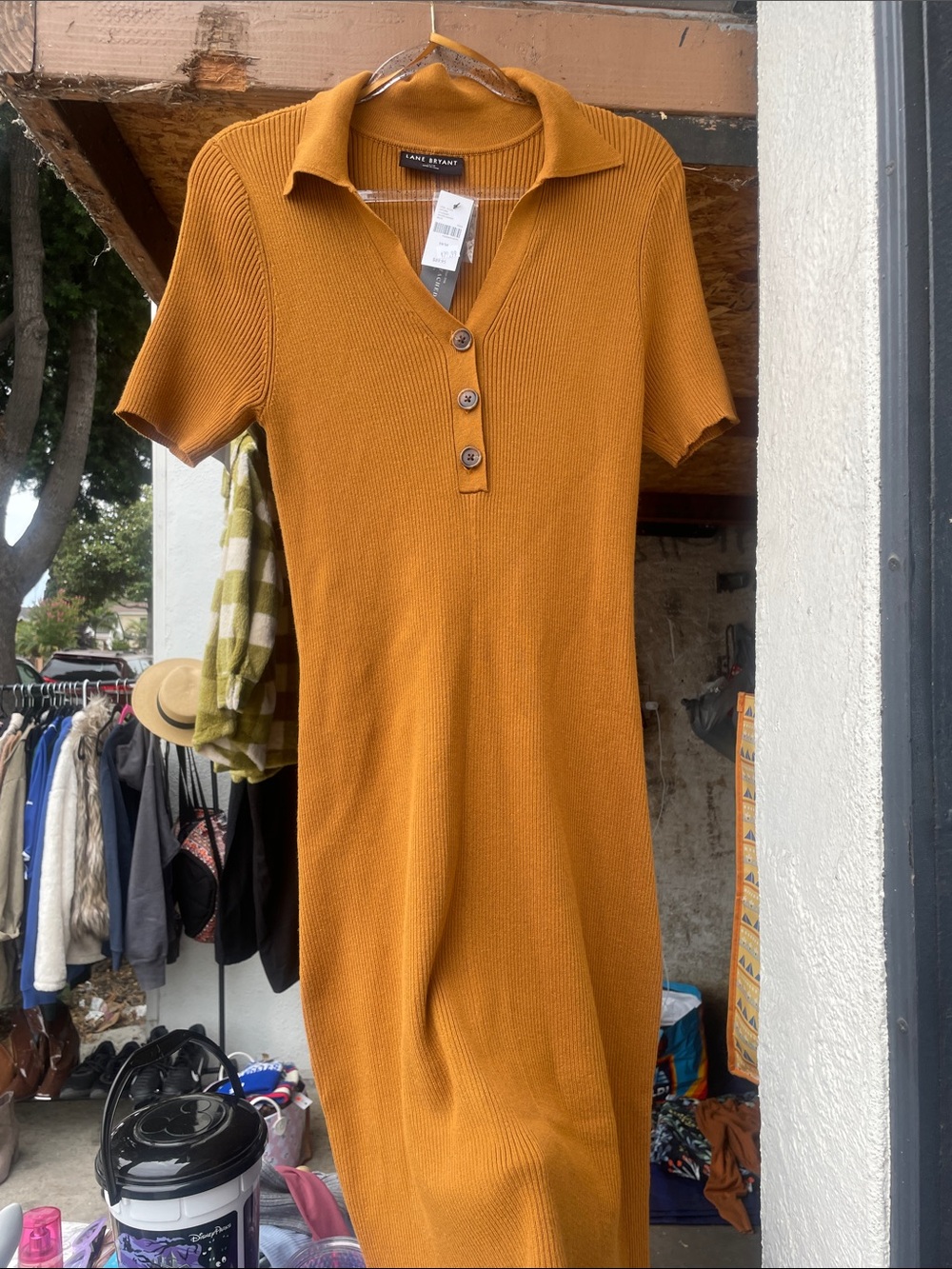 Lane Bryant Ribbed Polo Midi Dress in Mustard